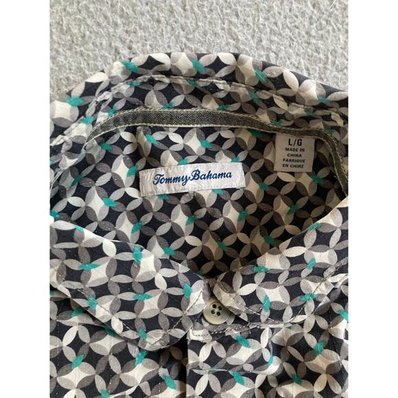 Tommy Bahama Button Shirt Large Silk Geometric Short Sleeve Black Green Retro - Picture 6 of 13
